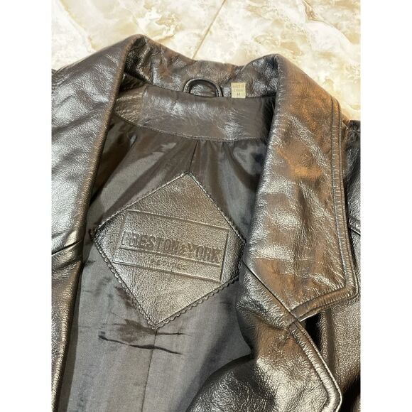 Vintage Leather Coat Jacket Black Knee Length Button Front Career - Picture 9 of 11